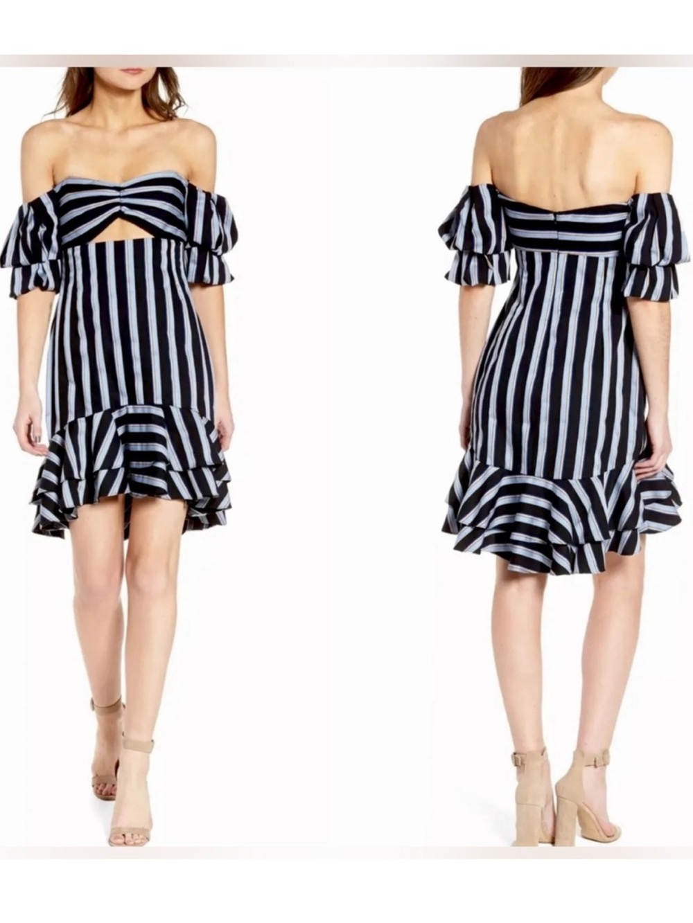 WAYF Teagan striped off the shoulders ruffled mini dress